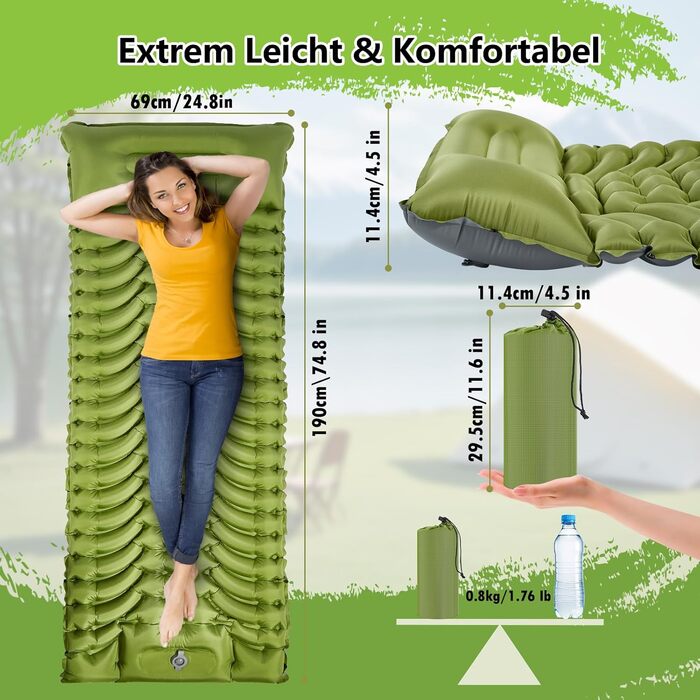 MEIJO Килимок для кемпінгу самонадувний, ізомат, туристичний килимок для сну, легкий, з насосом, для відпочинку на природі, у наметі, на пляжі, блакитний & сірий (зелений & сірий)