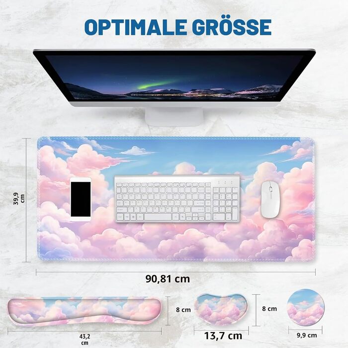 Набір килимків для миші та клавіатури ToLuLu XXL (90x40 см) з підставкою під зап'ястя, протиковзний килимок для столу з дизайном «Мрійливі хмари», 4 в 1