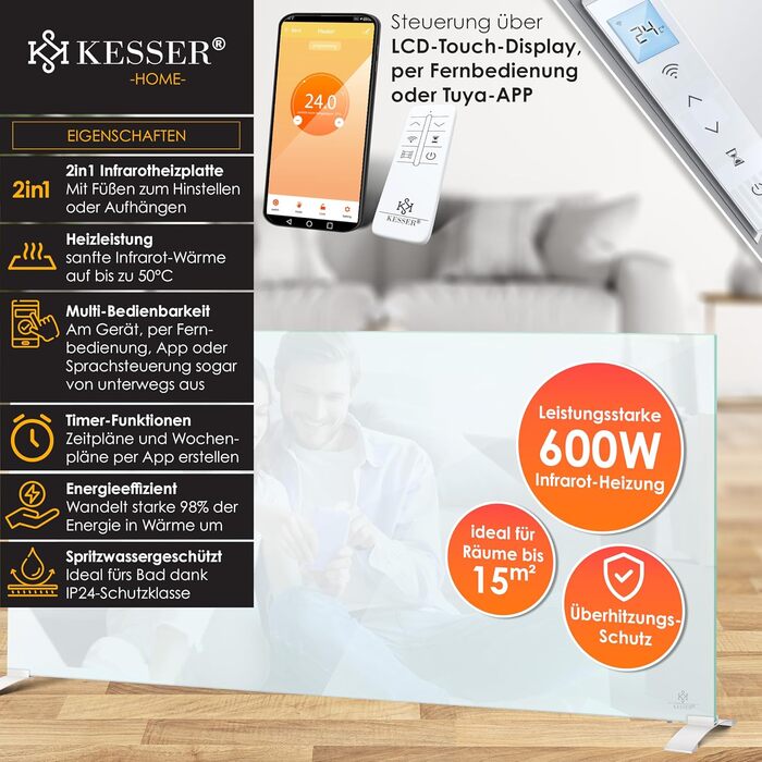 Інфрачервовий обігрівач KESSER®: скляний конвектор, енергозбереження, 2-в-1 (стійка/стіна), з датчиком відчинених вікон, пультом та керуванням через додаток, термостат, 600W, білий