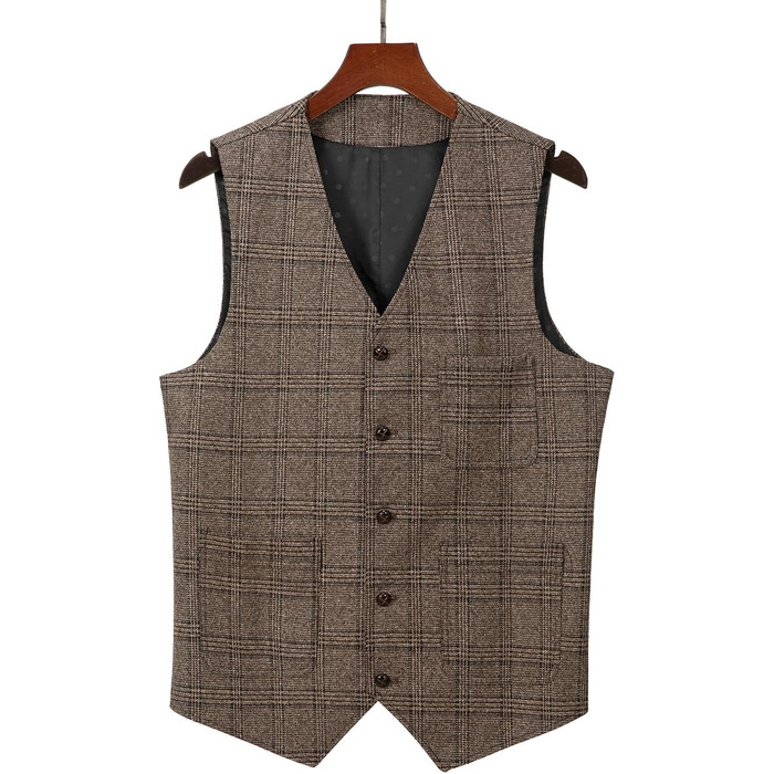 Оливковий костюм для чоловіків Olove-Uit: елегантний, в клітинку, з вовни та твіду, slim fit, для весілля (колір: коричневий, розмір: M)