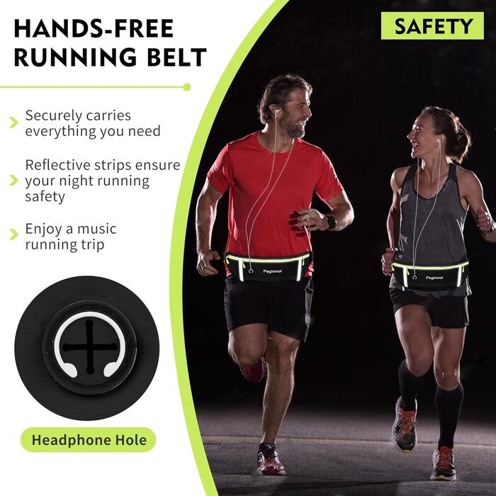 Пояс для телефону, бігова сумка, водонепроникний пояс для бігу, пояс на пояс для жінок та чоловіків з 3 кишенями, велика ємність, регульований біговий пояс (Чорний + Зелений)