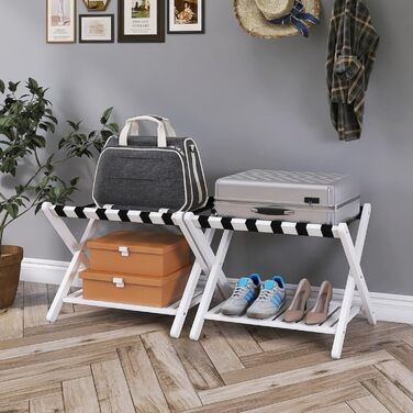SMIBUY Luggage Rack, 2-Pack, Foldable Bamboo Suitcase Stand with Shelf for Guest Room, Bedroom, Hotel, Heavy-Duty (White)