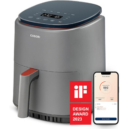 COSORI Lite Air Fryer 3.8L, 7 Functions, MAX 230℃, WiFi Connected, airfryer XL, Compact Air Fryer, 100+ PDF Recipes, 1500W, Dishwasher Safe, Grey 3.8L Grey