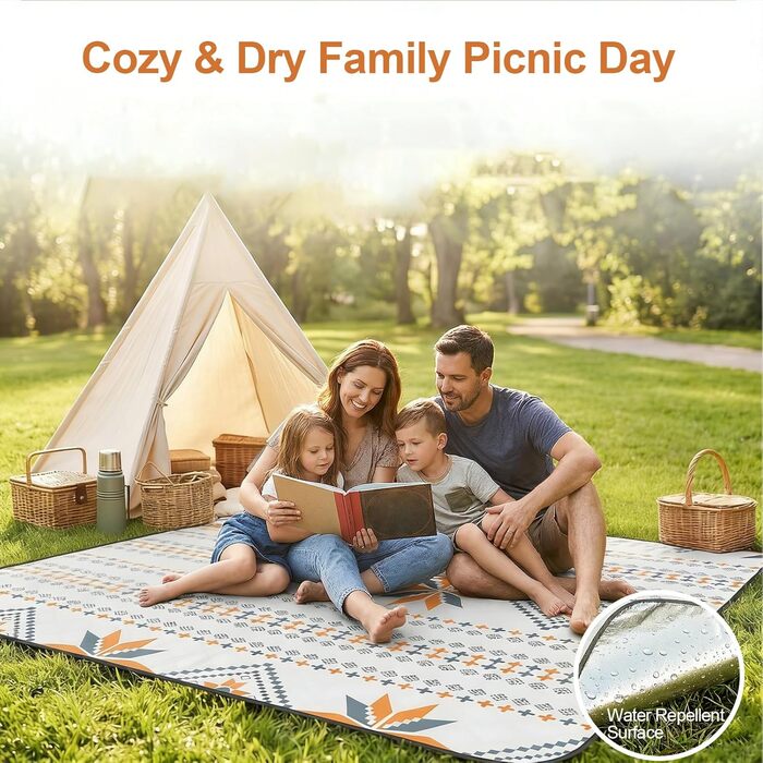 Плед для пікніка 200x200 см водонепроникний, пральний, антипісочний - килимок для пляжу, кемпінгу, 4-6 осіб, з ручкою для перенесення