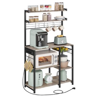 Полиця кухонна VASAGLE з розетками, стелаж для мікрохвильової печі, 8 гачків S-подібної форми, кухонний шафчик, органайзер для спецій, 40 x 90 x 165,5 см, коричневий вінтаж та чорний, KKS031K11