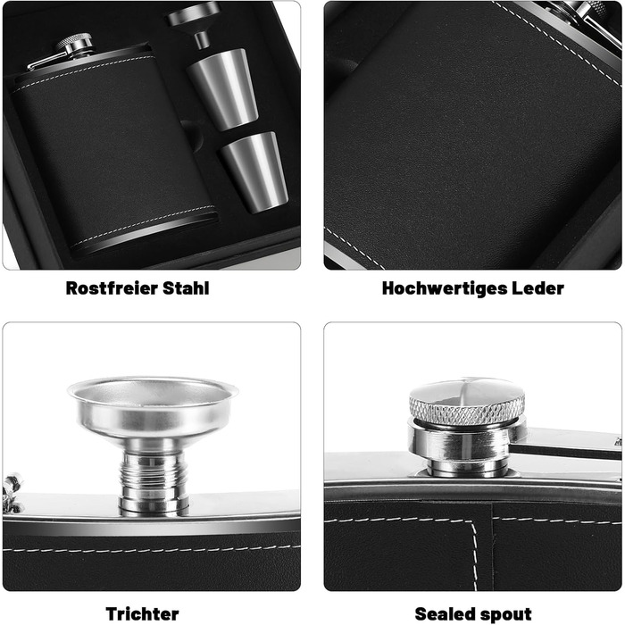 Фляга нержавіюча Kasanni 8oz/230 мл, з келихами та воронкою, чорна шкіряна, для піших прогулянок