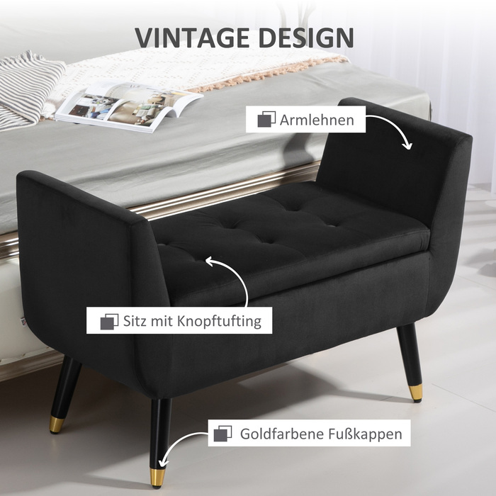 HOMCOM Luxury Bench with Storage, Armrests, and Trunk – Velvet-like Polyester, Rubber Wood, Dark Grey, 107 x 42 x 65 cm | Aosom