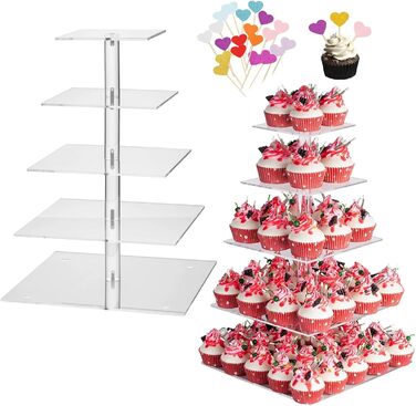 Підставка для капкейків з акрилу на 5 ярусів, 20 шпильок, прозора, для тортів та десертів, весілля, дні народження, барні вечірки, квадратна