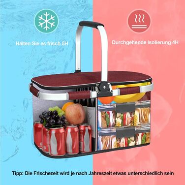 Термосумка-холодильник для покупок 35L, велика ізольована сумка-холодильник для обіду, офісу, кемпінгу, пікніка, подорожей, водонепроникний внутрішній кишень, міцна підтримка бокових стінок, винно-червоний колір