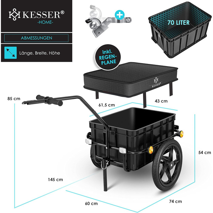 Причіп для велосипеда KESSER®: вантажний, ручний, з кутом нахилу, об'ємом 70 літрів (2 ящики для пива) + аксесуари, чорний