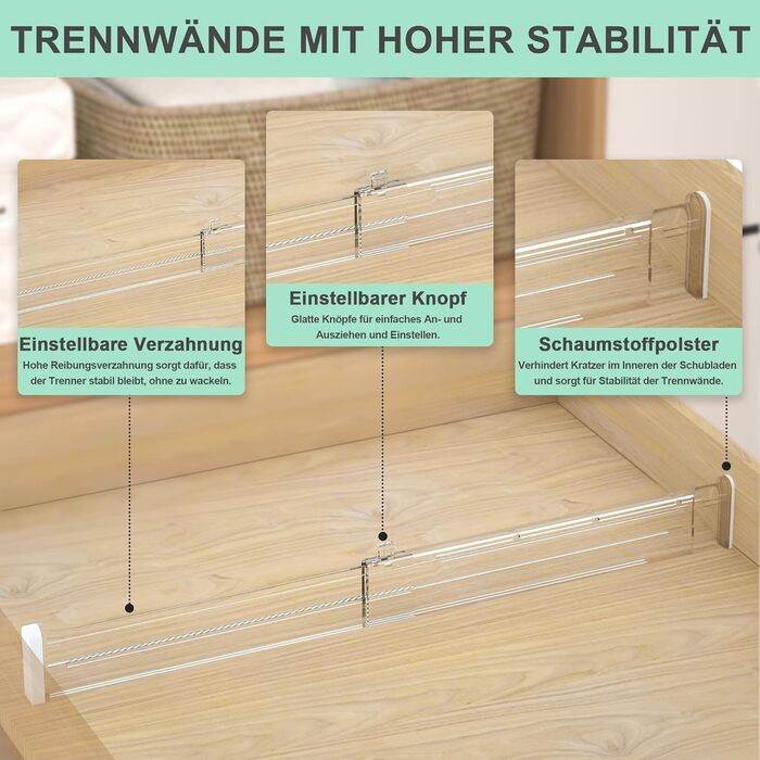 FUNIZE Adjustable Drawer Dividers with Inserts, 8 Piece, 32-58cm Long Dividers with 16 Piece 9-18cm Inserts, Expandable Drawer Organizer for Kitchen, Bedroom, Office Storage