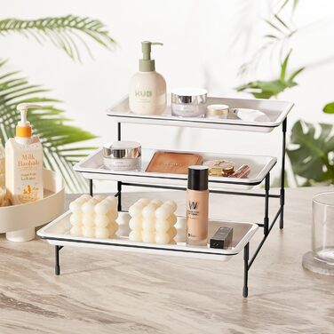 Lifewit 3-Tier Etagere with 30 x 17 cm Plastic Serving Plates, 3-Level Serving Tray Serving Platter with Folding Black Metal Shelf, Buffet Party Accessories for Vegetables/Fruit/Cookies/Cake