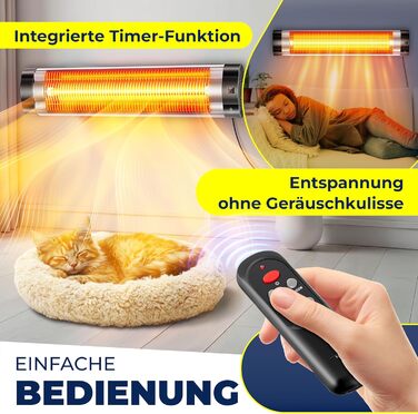 Інфрачервовий обігрівач KESSER® 2500W з пульт дистанційного керування, 3 режими, миттєвий нагрів, кріплення на стіну, для тераси, кварцовий, з захисним чохлом, таймер, антрацит (срібло)