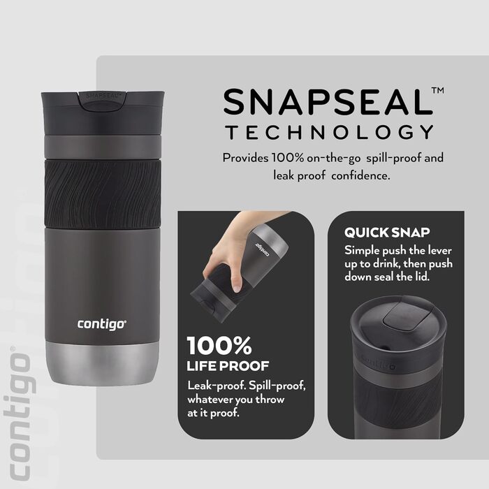 Contigo Byron Snapseal Stainless Steel Travel Mug - Leakproof, Dishwasher Safe Lid, BPA-Free, 590ml - Black
