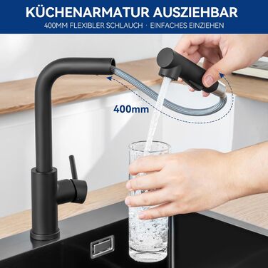 Змішувач кухонний CECIPA висувний з душем, нержавіюча сталь, 2 режими, 360° оберт, матовий чорний