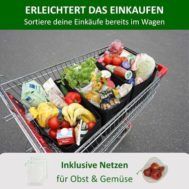 Large Foldable Shopping Bags 3-Pack & Fruit Net – Sturdy Large Foldable Shopping Basket with Reinforced Bottom – Ideal Shopping Bag for Shopping Carts & Trunk – 80 L Black