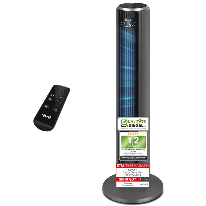 Вентилятор Levoit - Безшумний туровий вентилятор з охолодженням, з пультом дистанційного керування, з режимом сну, 5 швидкостей, 4 режими, таймер 12 год, сірий, висота 92 см