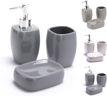 Аксесуари для ванної кімнати MSV Keramik - набір 3 шт: дозатор для мила, мильниця, стакан для зубних щіток сірого кольору