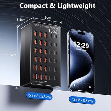 USB-станція зарядки 30 портів 150W USB-C, хаб для iPhone/Samsung/Pixel/планшетів. Мережевий адаптер живлення