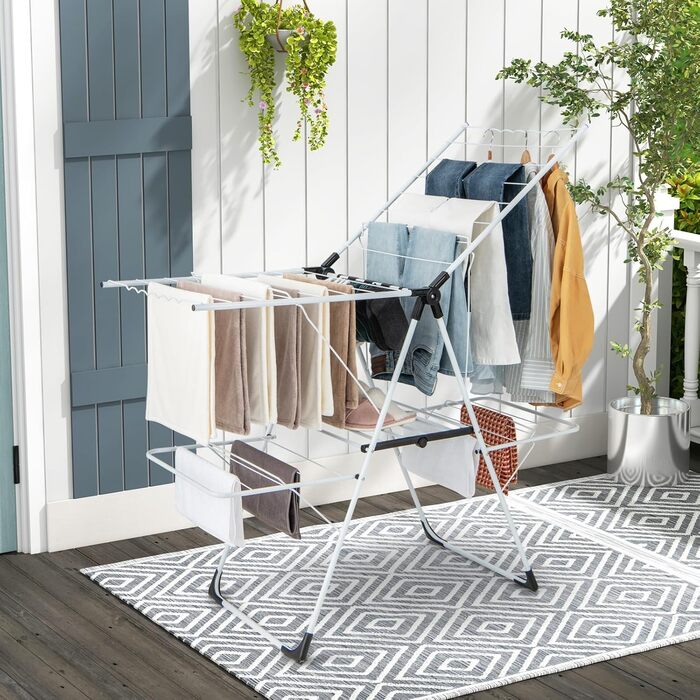 Стійка для сушіння білизни COSTWAY розкладна, сушарка для одягу висувна, регульована по висоті з крилами та полицею для взуття, сушильний стійка-вежа для дому та вулиці (оновлена версія) (з 2 рівнями)