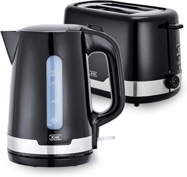 Набір чайник та тостер KHG | Чайник 2.200 Вт, тостер 850 Вт | Об'єм 1,7 л, 2 тости | Чорний кухонний набір з фільтром від накипу та піддоном для крихт