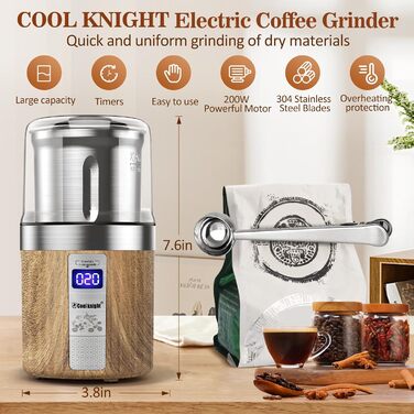 Електрична кавомолка COOL KNIGHT з лічильником, 100 г, нержавіюча сталь, для кавових зерен, спецій і горіхів