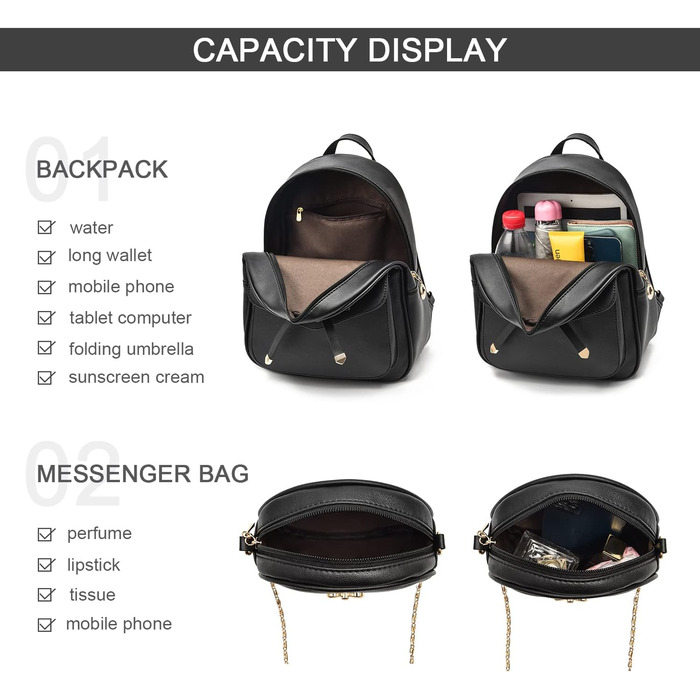Жіночий рюкзак з PU шкіри: стильний, для подорожей, школи, роботи. Набір чорного кольору