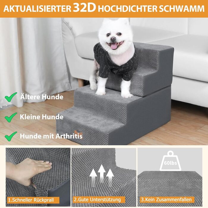 Non-slip Dog Stairs for Small Dogs 3-Step, Dog Stairs/Ramp for Bed and Sofa made of High-Density Foam, Pet Stairs with Removable, Washable Cover and Non-Slip Bottom, 45x40x34cm (4 Steps)