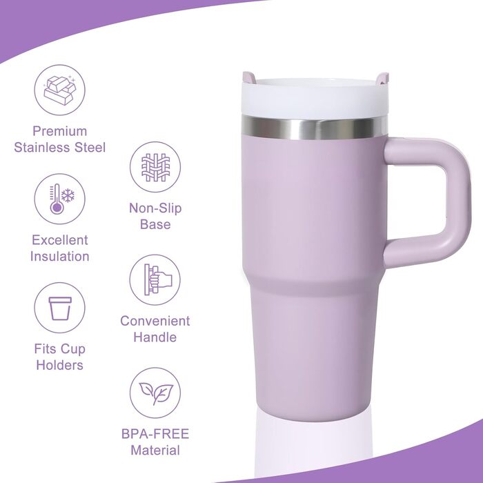Термокружка ZAKVOP 410мл з трубочкою, кришкою та ручкою. Ізольована термокружка для кави та напоїв на виніс (світло-фіолетовий)
