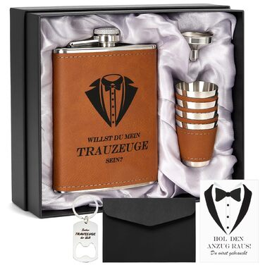 Персоналізований набір фляг 8oz з гравіюванням – фляга з нержавіючої сталі, 4 склянки, воронка та подарункова коробка для друзів нареченого/нареченої, подарунок на весілля для чоловіків та жінок (колір: коричневий)