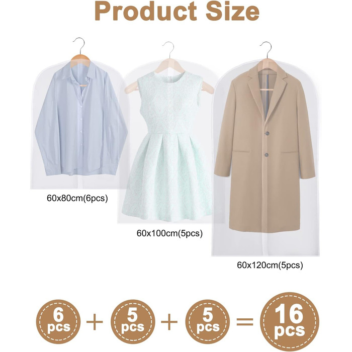 16 шт. мішки для одягу, великі, середні та короткі, 60 x 120/100/80 см, з блискавкою, прозорі, для костюмів, пальто, суконь, сорочок, зберігання, захисні чохли (білий)