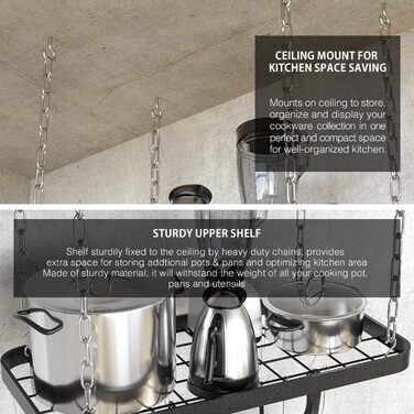 Jackcube Design MK397B Hanging Pots and Pans Organizer, Ceiling/Wall Mount, Grid, Kitchen, Pot, Storage Shelves for Utensils, Cookware with 8 S-Hooks (62 x 30 x 3 cm)