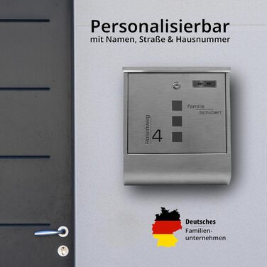 Поштовий ящик Grafner з нержавіючої сталі, персоналізований, з газетницею та 2 ключами. Гравіювання імені, вулиці та номера будинку. Комплект для монтажу входить.