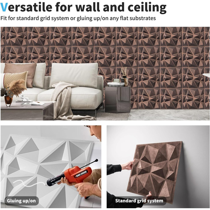 Набір 3D стінових панелей Art3d «Діамант», жорсткий ПВХ, водостійкі та термостійкі декоративні панелі (33 шт.)