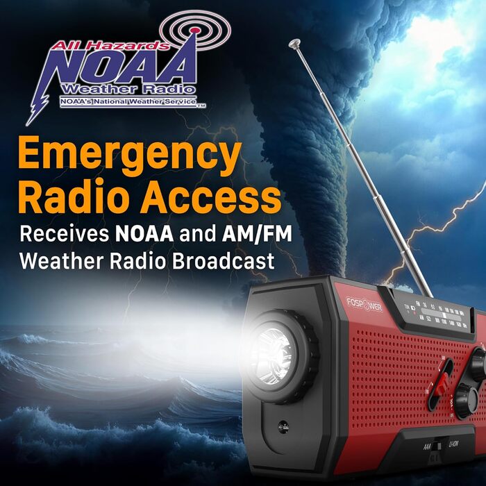 Радіоприймач FosPower NOAA/AM/FM з Power Bank 19240 мАг (5200 мАг) - Сонячна/USB зарядка, ручна динамо-машина, SOS-сигнал, ліхтарик, помаранчевий (Модель A1)