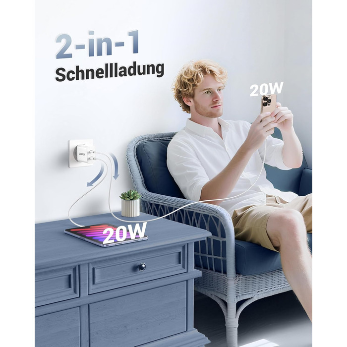 Мережевий зарядний пристрій ZKAPOR з USB-C, 4 порти, 45W, білий. Підходить для iPhone 16/15/14, Samsung Galaxy, Huawei, iPad.