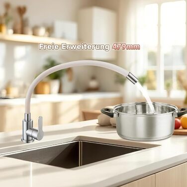 Кран кухонний з гнучким шлангом 360°, високий тиск, поворотний, нержавіюча сталь, бежевий