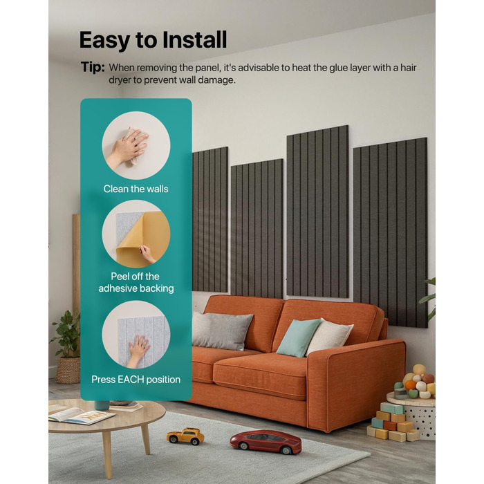 Акустичні панелі Soundsbay самоклейні для звукоізоляції та декору стін, 120×60×0.9 см, чорні (3 шт, 2.16 м²)