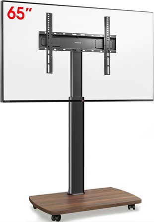 AOKCOS Rolling TV Stand with Wood Shelf - Adjustable Height & Swivel - VESA 400x400 - Holds 32-65 Inch TVs up to 40kg