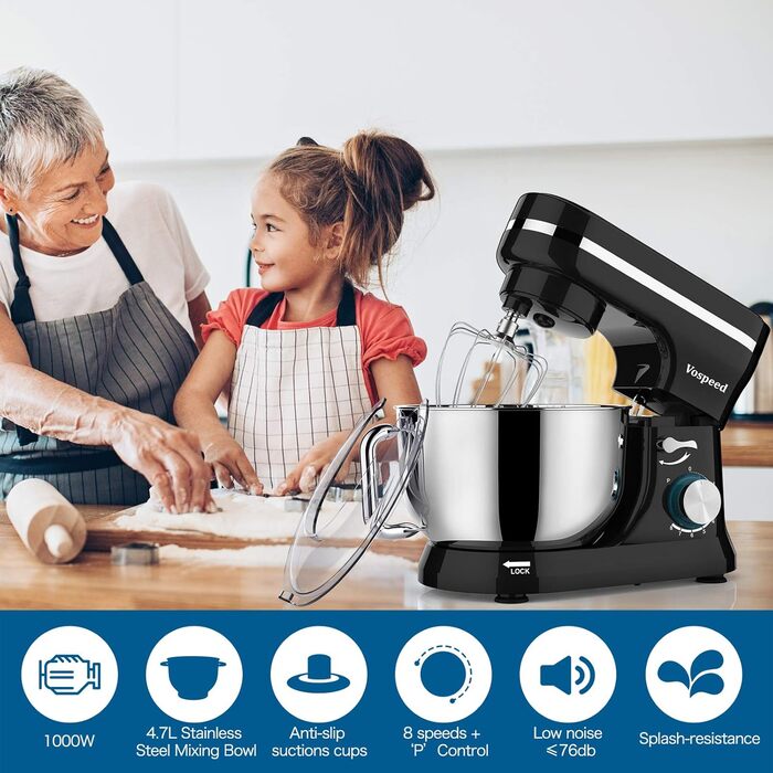 Планетарний міксер-тістоміс Vospeed, 5QT, 8 швидкостей, з чашею з нержавіючої сталі та набором насадок (гак, вінчик, міксер), чорний