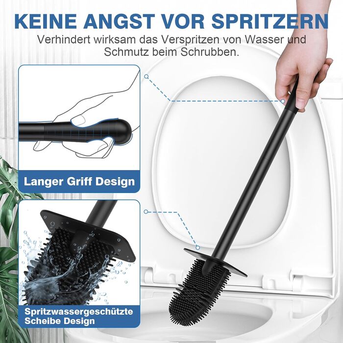 Набір для чищення унітазу FUNPALA з нержавіючої сталі та силікону, 2 насадки, тримач, чорний