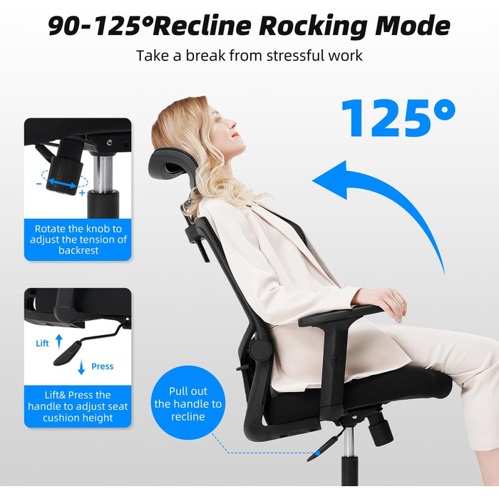 Ергономічне крісло Daccormax для офісу: регульована підголовник, підлокітники, підтримка попереку, поворотний механізм, функція гойдання, сітчасте крісло для начальника, чорний, до 150 кг