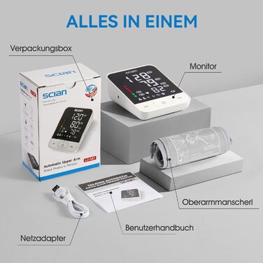 Тонометр на плече Scian для дому, автоматичний, LED-дисплей, 2 користувачі, 200 пам'ять, USB-C, DE-587-I5S
