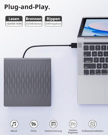 Зовнішній DVD/CD привід DANGZW USB 3.0 Type-C, портативний DVD-брунер та плеєр для ноутбука та ПК, сумісність з Windows, MacOS, Linux (сірий)
