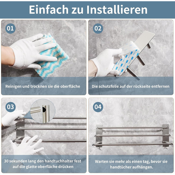 Тримач для рушників Vista з 3-ма перекладинами без свердління, нержавіюча сталь SUS304, сріблястий, з двома гачками, 60 см