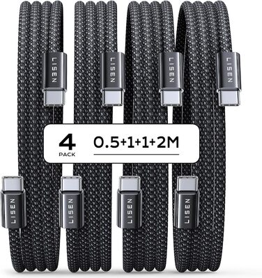 Набір USB-C кабелів LISEN 60W (4 шт.): 0.5м, 1м, 1м, 2м. Підтримка PD 3.0. Сумісний з iPhone, Switch, Samsung, Pixel, MacBook, iPad, Xiaomi. Чорний.