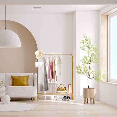 Підставка для одягу на підлозі, металева з полицею для взуття та нижньою полицею, золота, для спальні