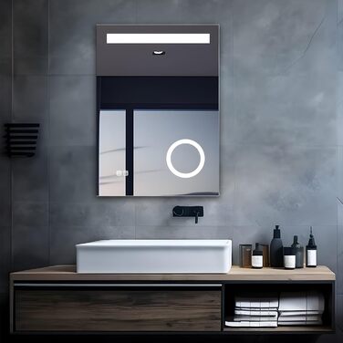 LED дзеркало для ванної кімнати з підсвічуванням 50x70 см, без годинника, 3 кольори світла, сенсорне регулювання, протизапотівання, збільшення