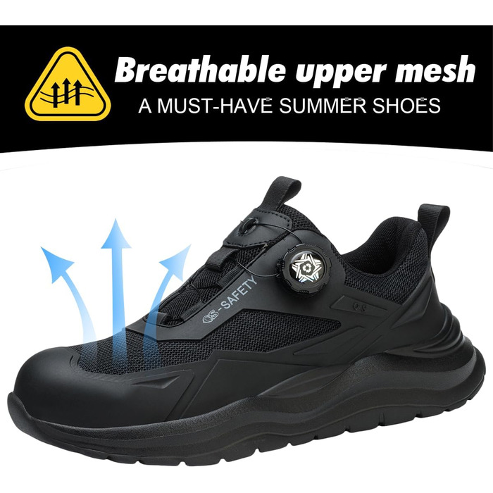 Робочі черевики чоловічі/жіночі, захисні черевики зі сталевою капами, легкі, неслизькі, дихаючі, водонепроникні, літні, чорні. Розмір 47 EU (відповідає 46.5 M105)