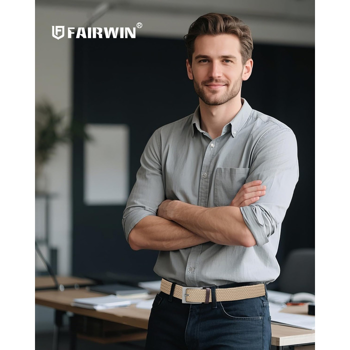Чоловічий тканинний ремінь Fairwin, бежевий, еластичний, плетіння, розмір M (довжина 105 см, для обхвату талії 80–90 см)